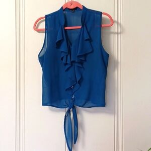 Mine - Teal Ruffle Collar Sheer Button-up Sleeveless Blouse with Tie Front WM